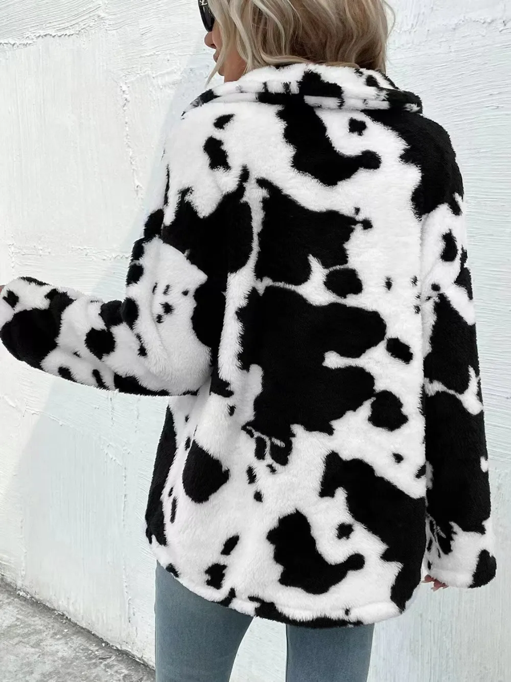 Cow Print Collared Neck Button Up Fuzzy Jacket, image 5
