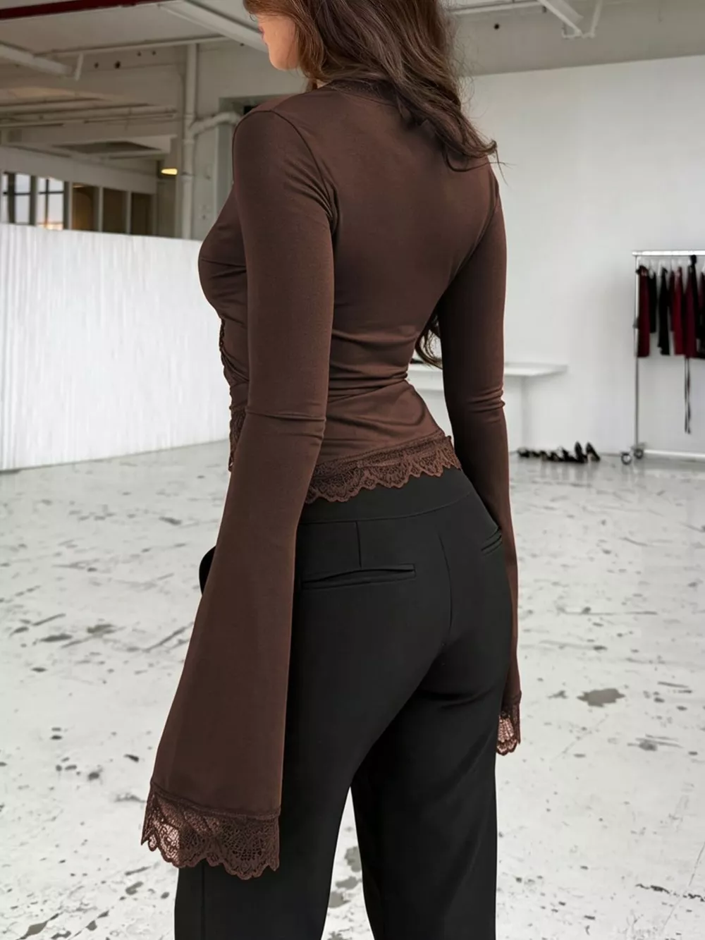 Lace-Trimmed Long Sleeve Wrap T-Shirt, image 7