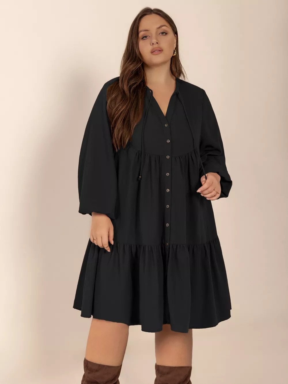 Plus Size Button Front Balloon Sleeve Dress, image 4