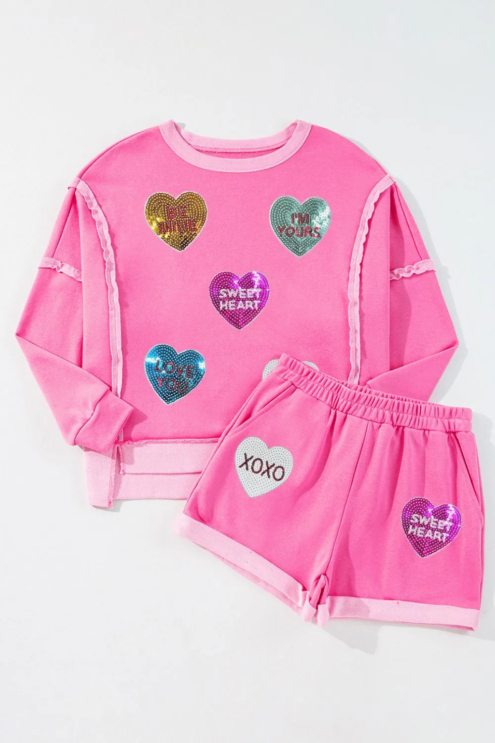 Sequin Heart Round Neck Top and Shorts Set, image 3