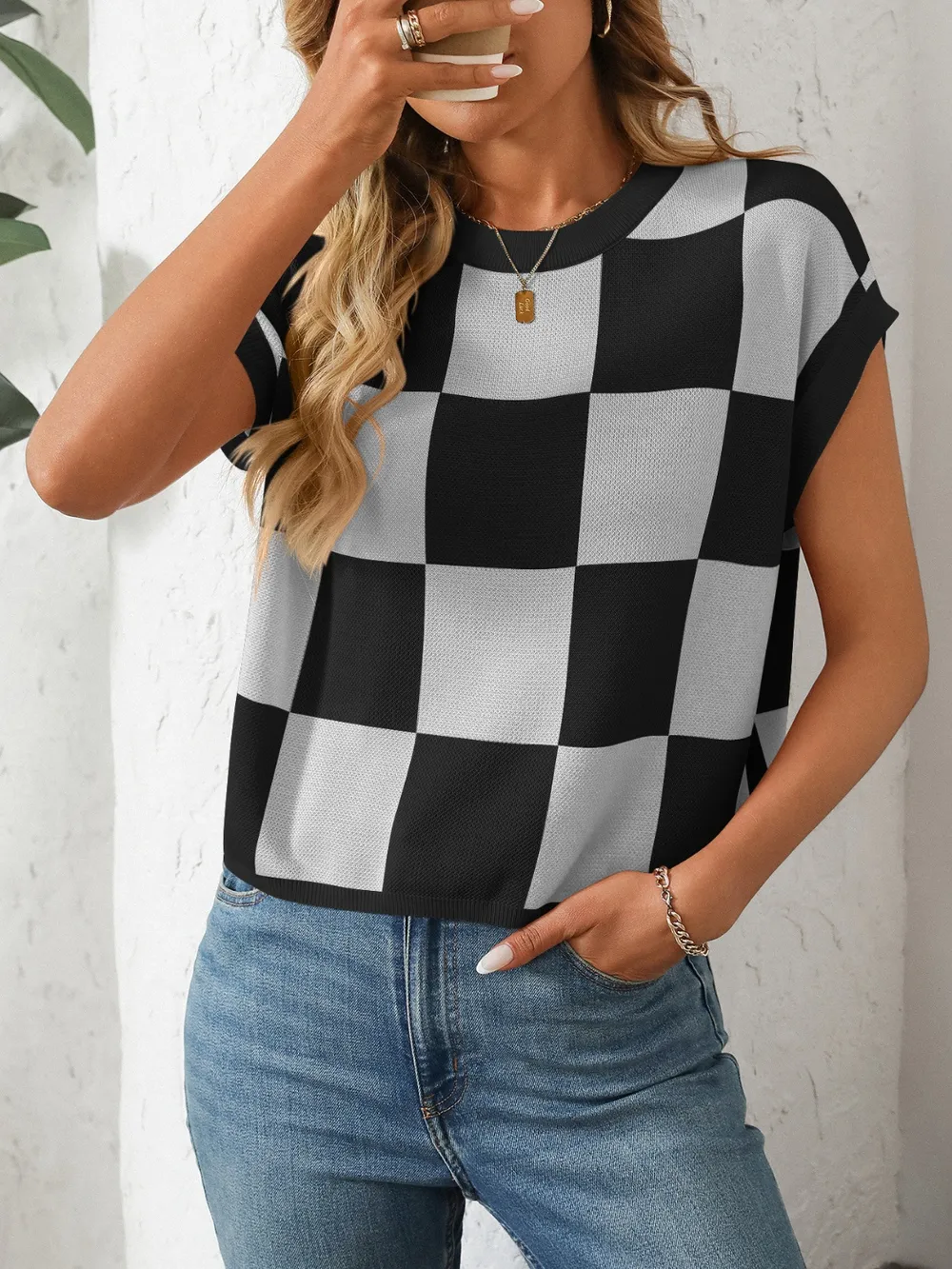 Checkered Round Neck Cap Sleeve Knit Top, image 13