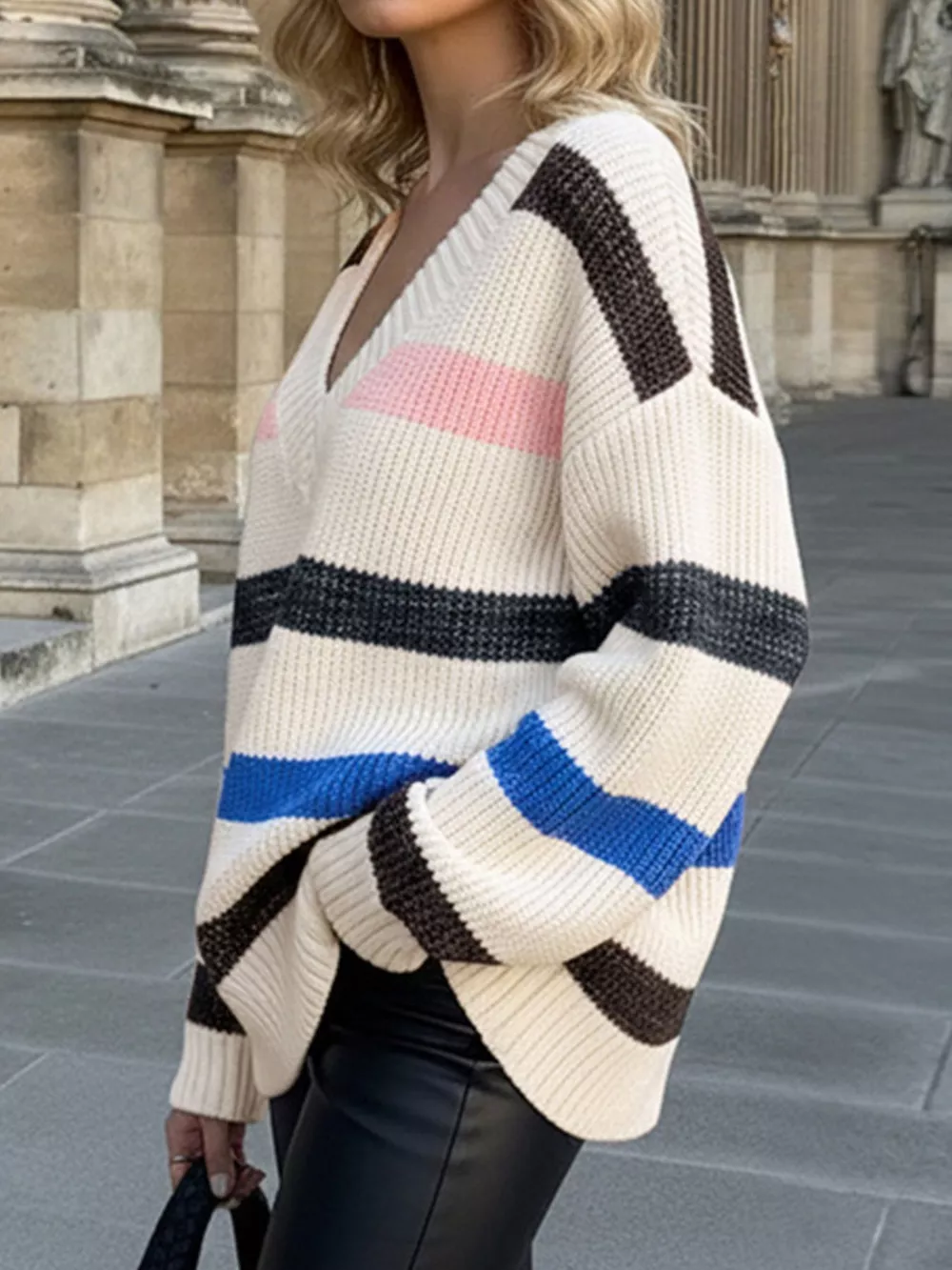 Striped V-Neck Oversized Sweater, image 3