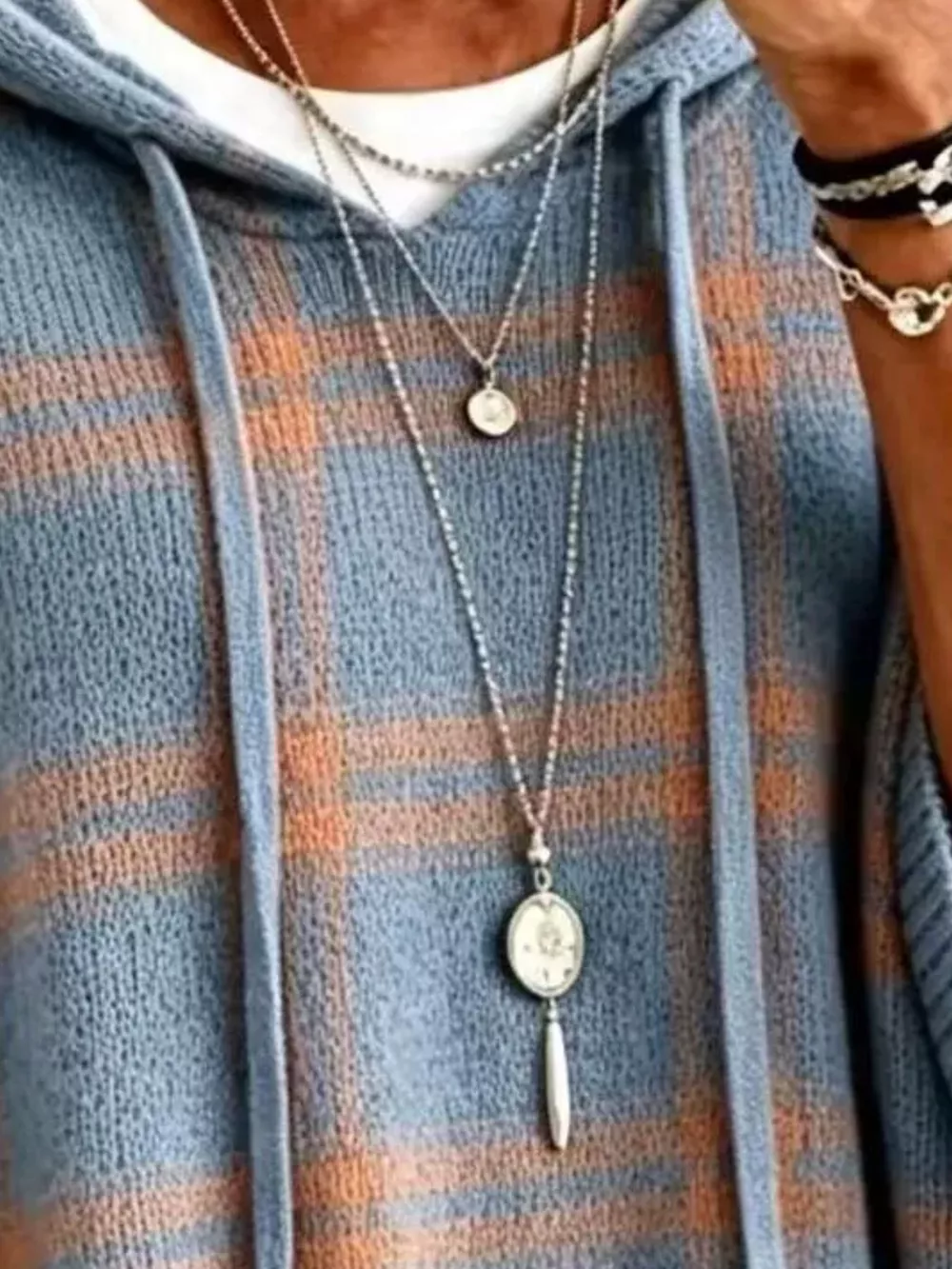 Full Size Drawstring Plaid Hooded Sweater Plus Size, image 6