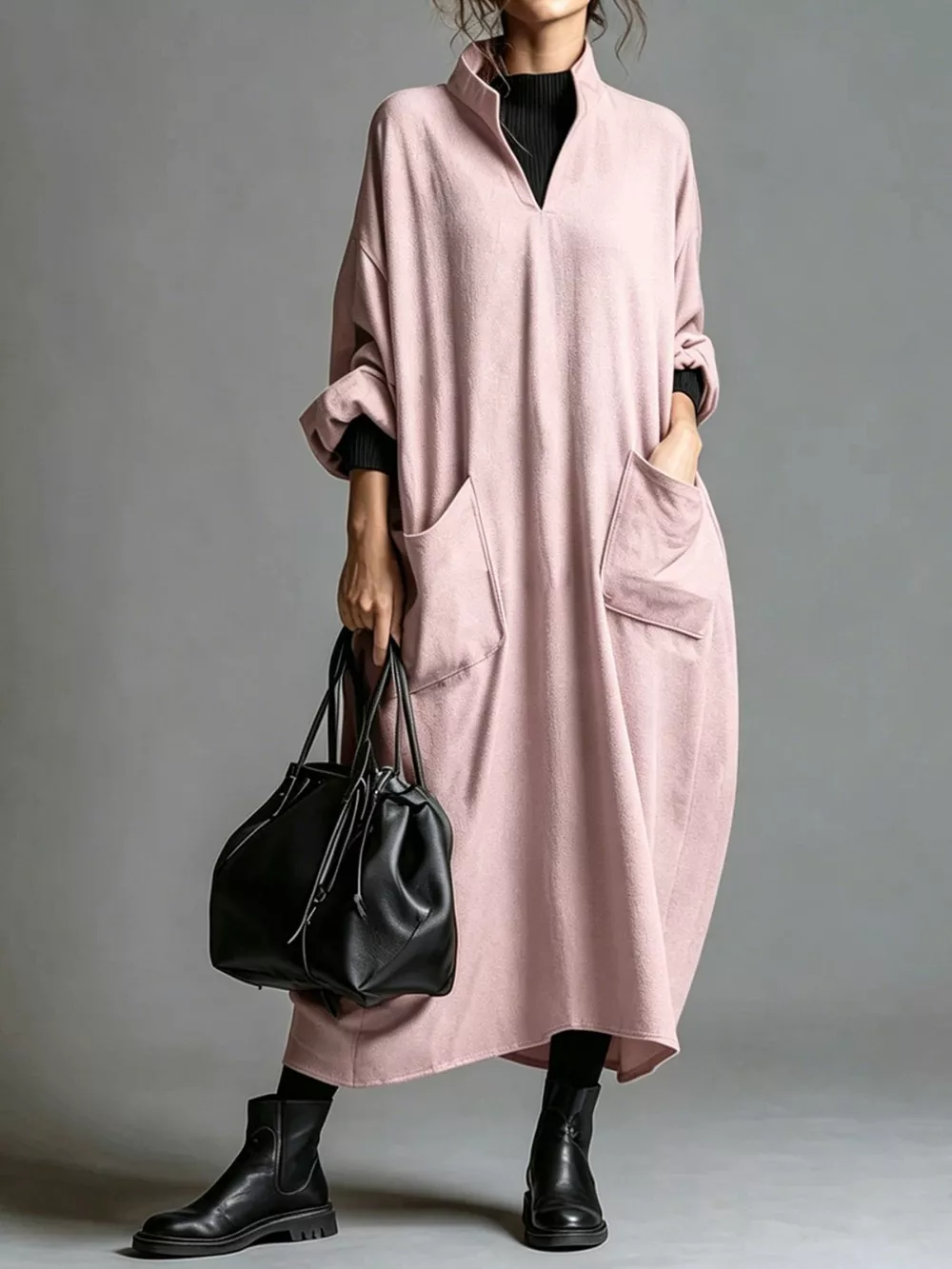 Full Size Loose-Fit Mock Neck Midi Dress with Pockets Plus Size, image 29