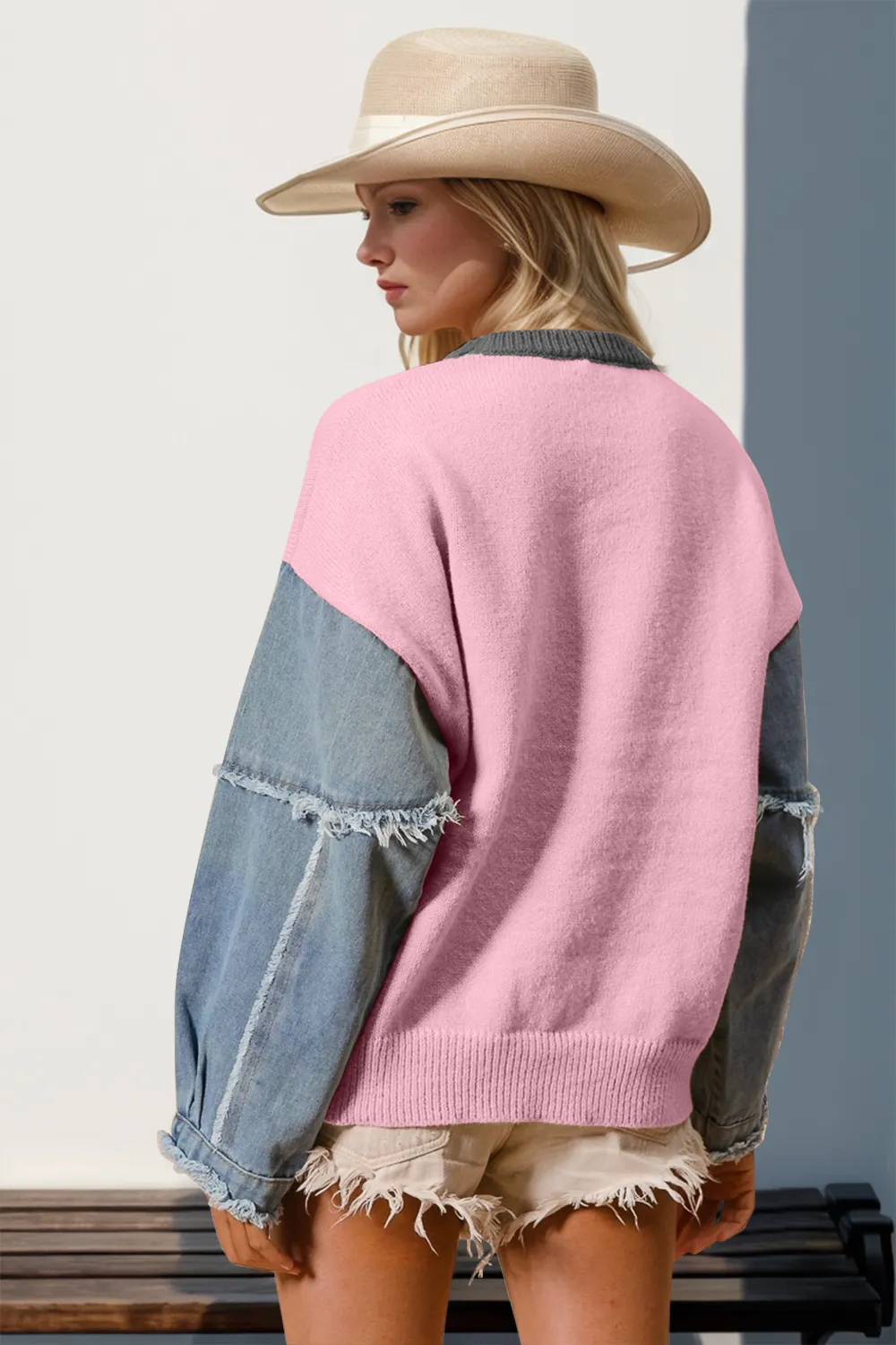 Full Size Star Pattern Raw Edge Long Sleeve Sweater, image 4