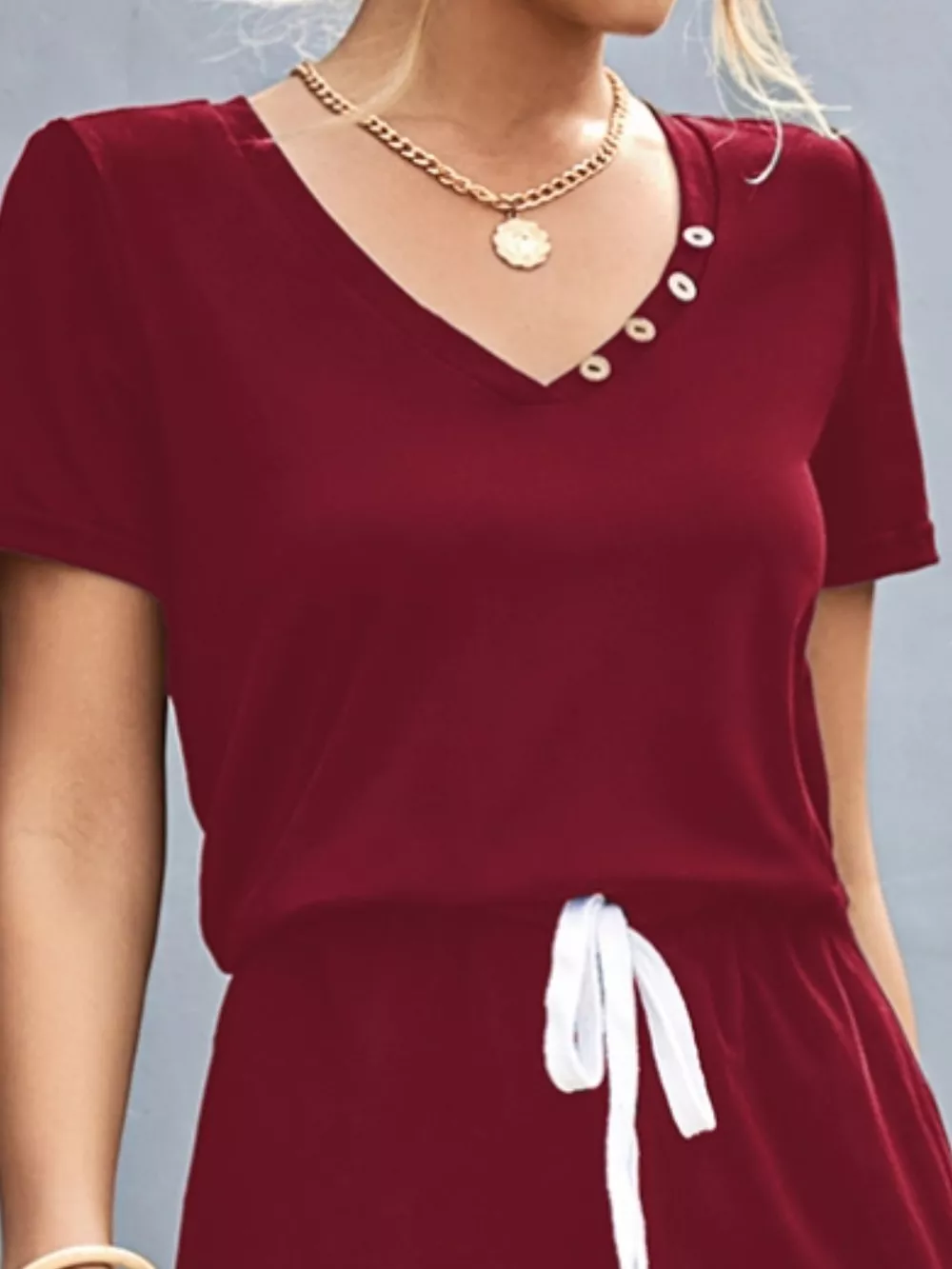 Casual V-Neck Short Sleeve Drawstring Waist Jumpsuit, image 3