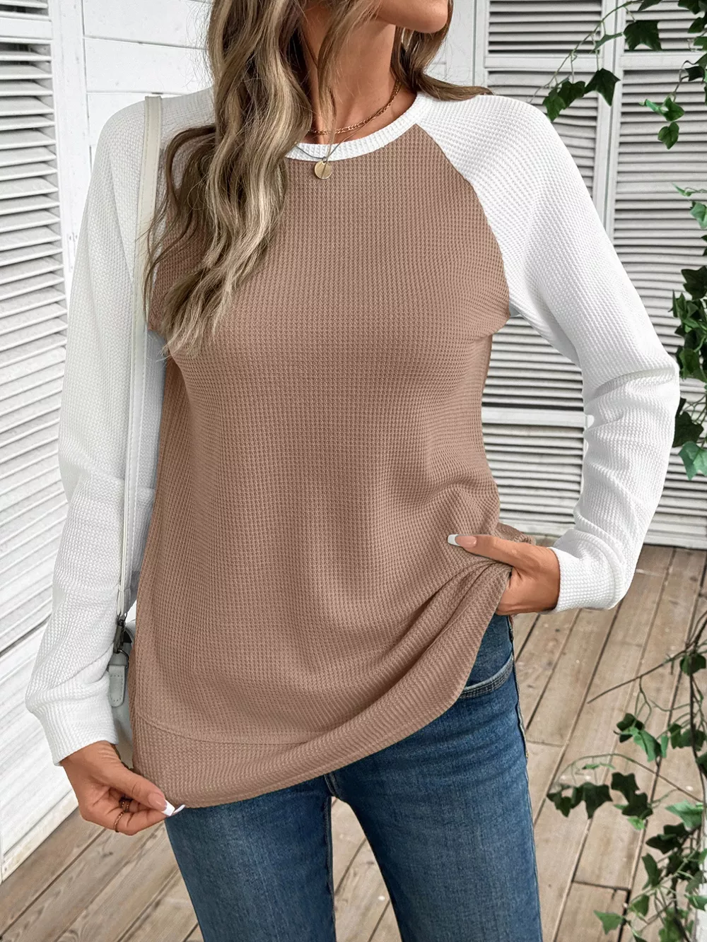 Contrast Raglan Sleeve Waffle Knit T-Shirt, image 31
