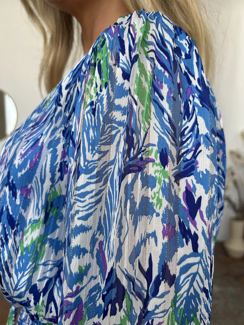 Full Size Printed Drawstring Waist Long Sleeve Dress, image 8
