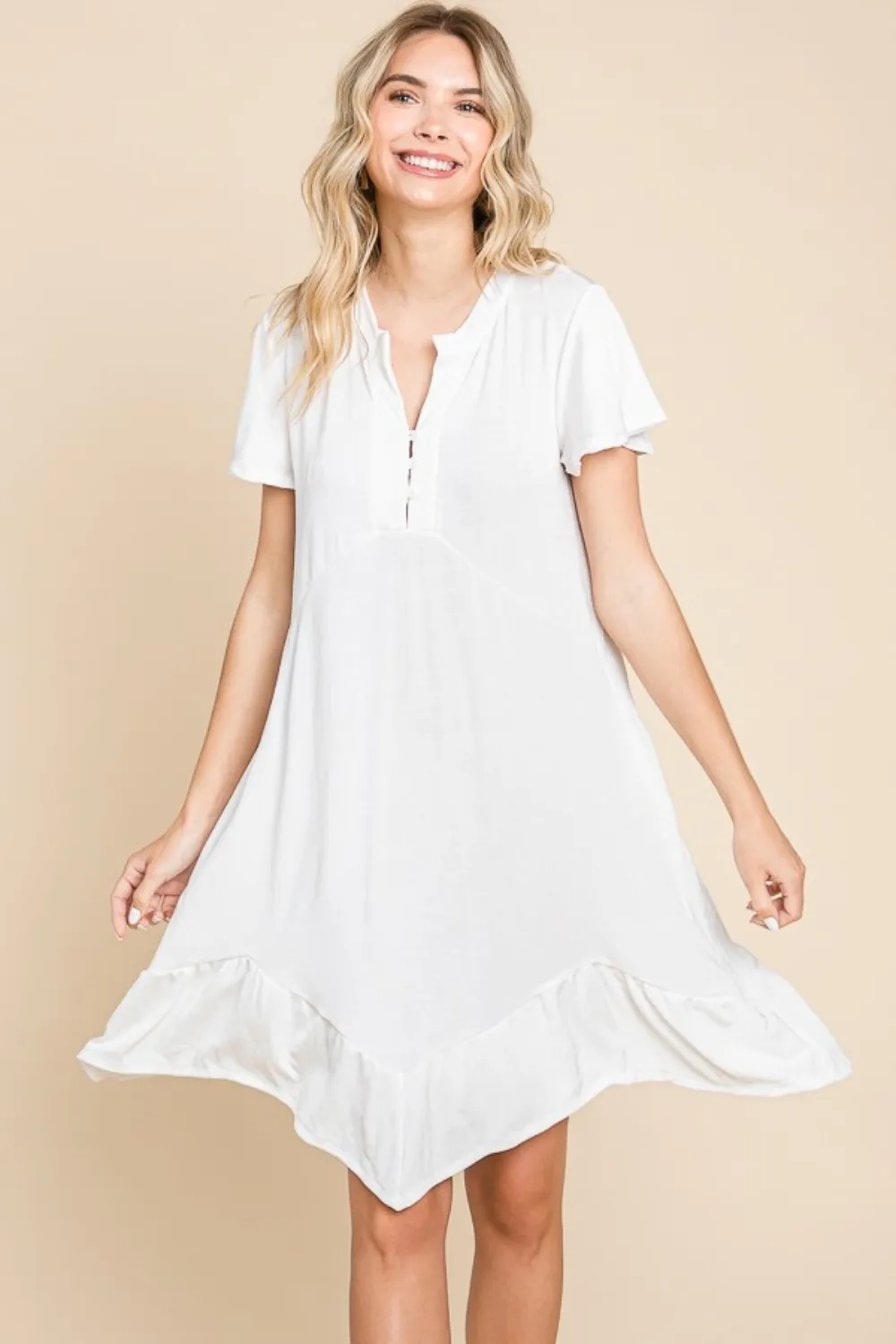 Full Size Short Sleeve Ruffled Asymmetric Hem Dress, image 4