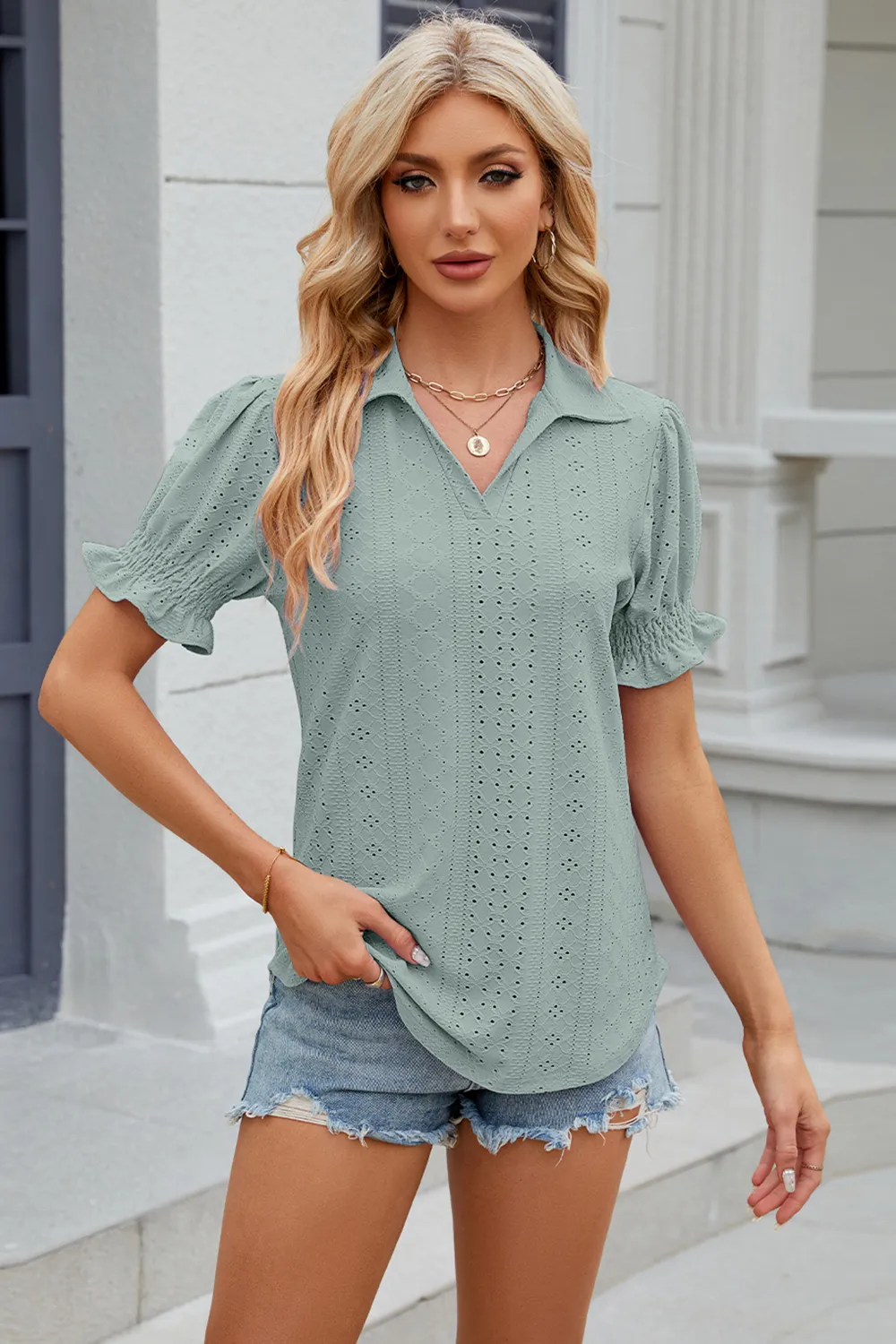Eyelet Johnny Collar Short Sleeve Blouse, image 11