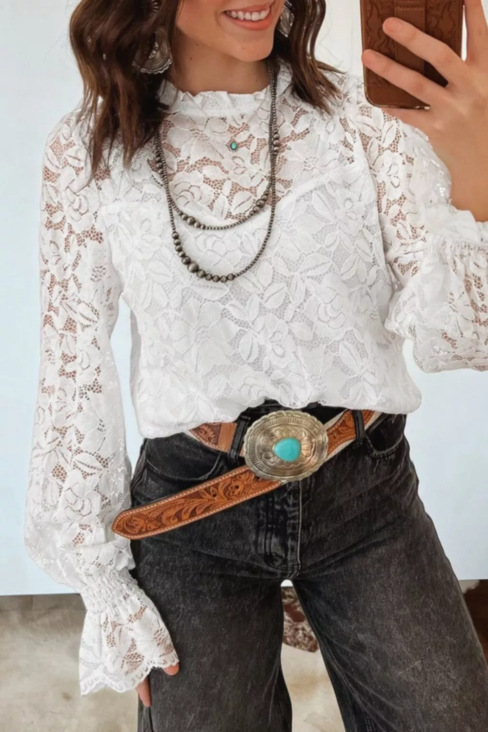 Ruffled Round Neck Long Flounce Sleeve Sheer Lace Blouse