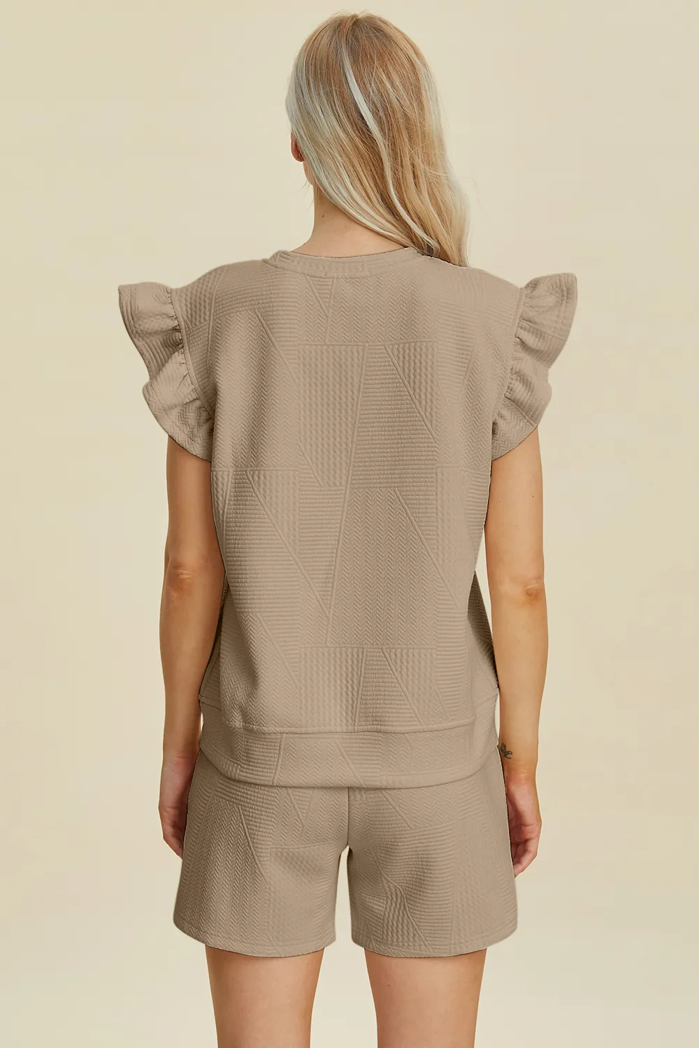 Full Size Texture Round Neck Ruffle Sleeve Top and Shorts Set, image 10
