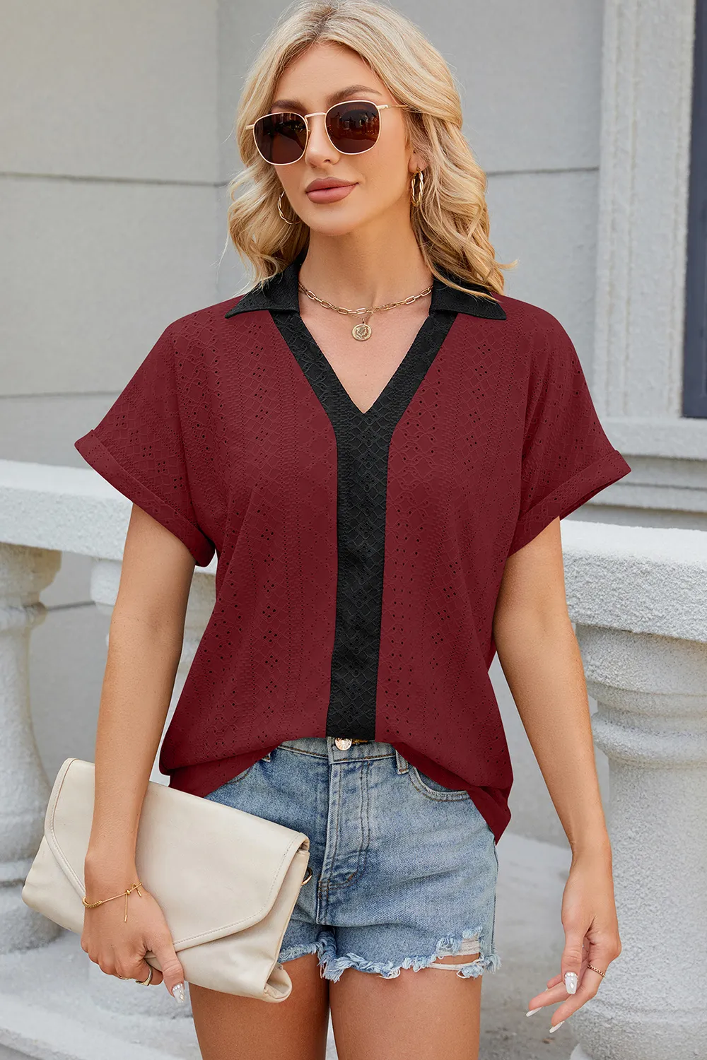 Eyelet Johnny Collar Short Sleeve T-Shirt, image 23