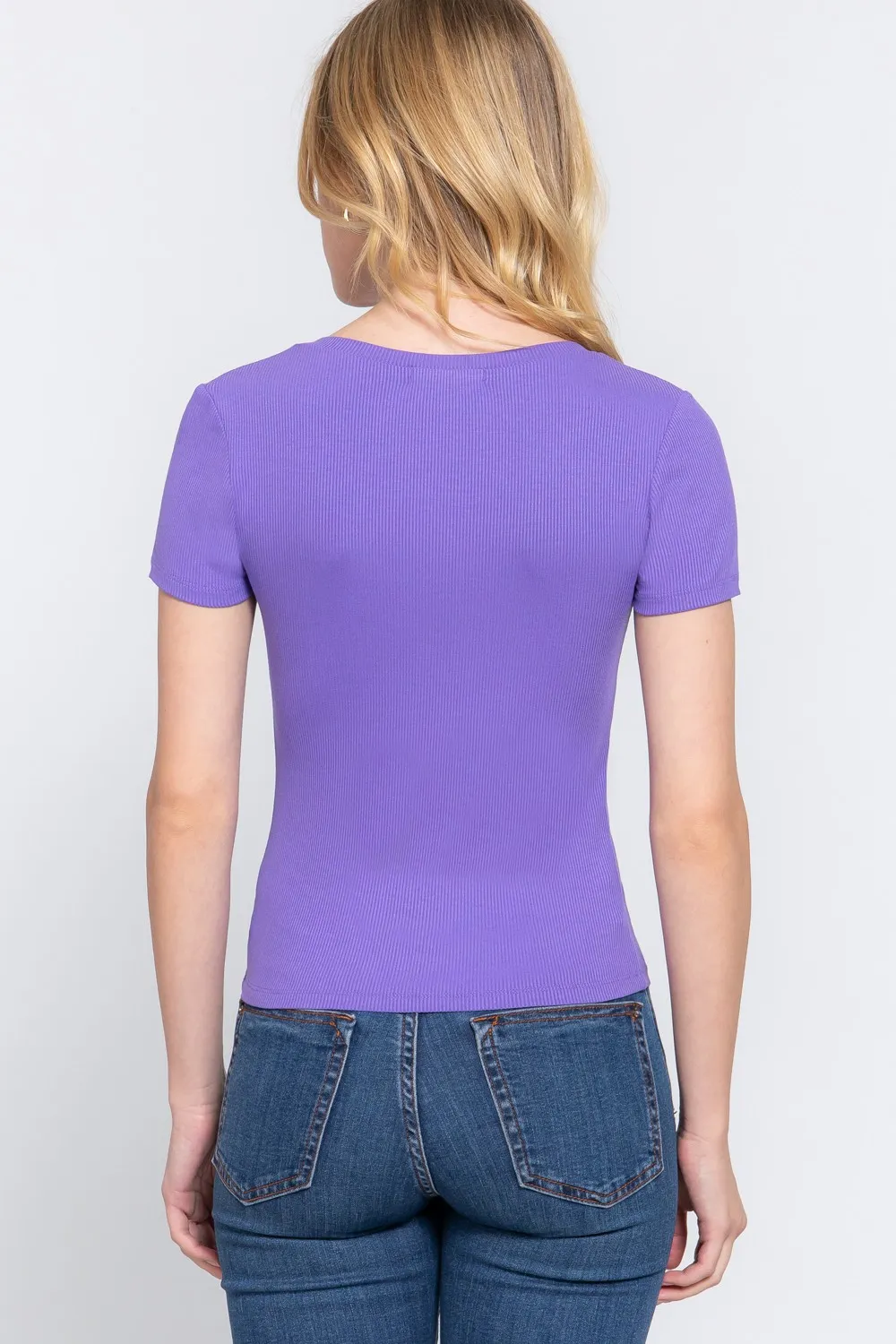 V-Neck Ribbed Short Sleeve Knit T-Shirt, image 2
