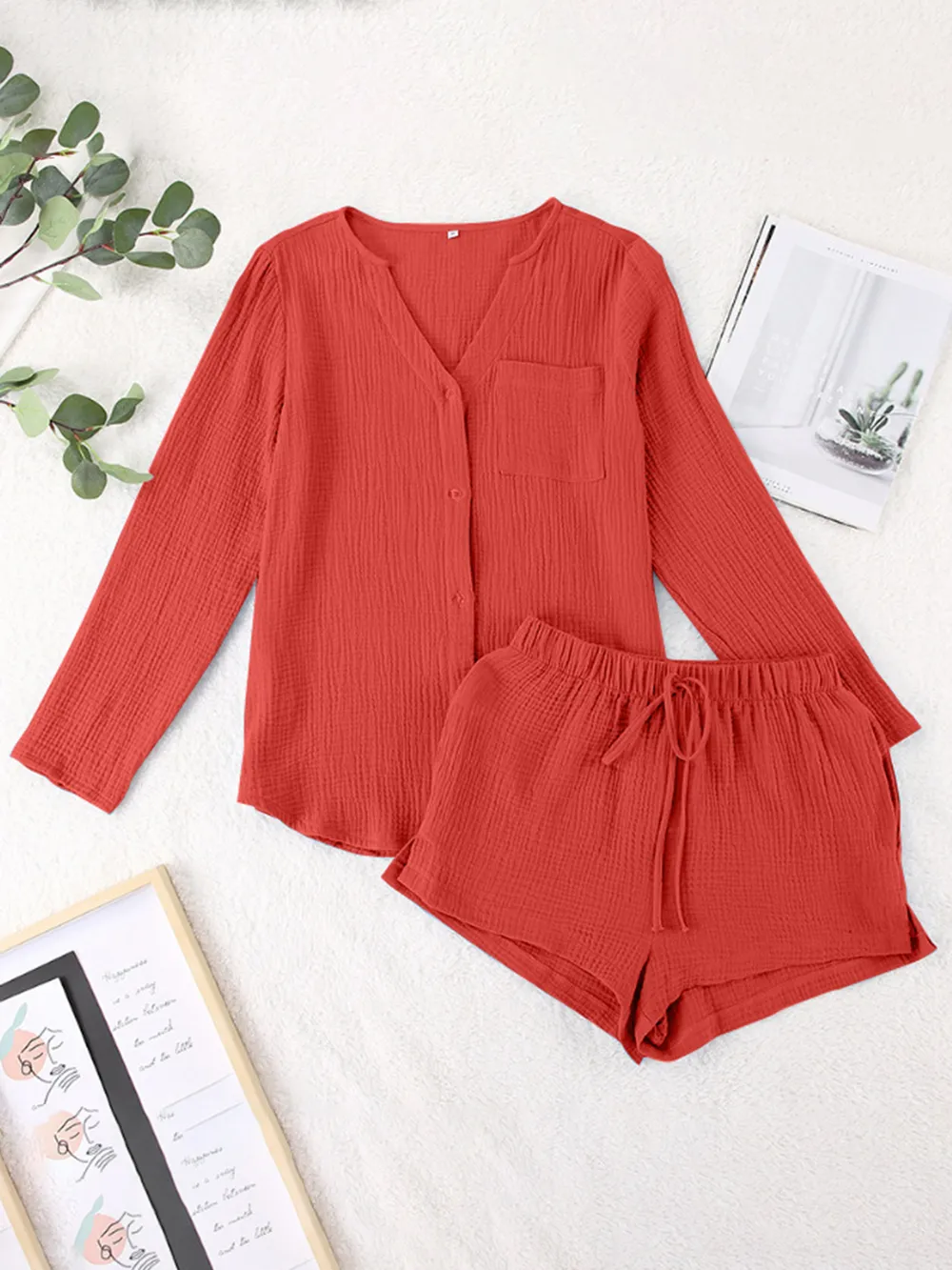 Notched Long Sleeve Top and Shorts Set, image 8