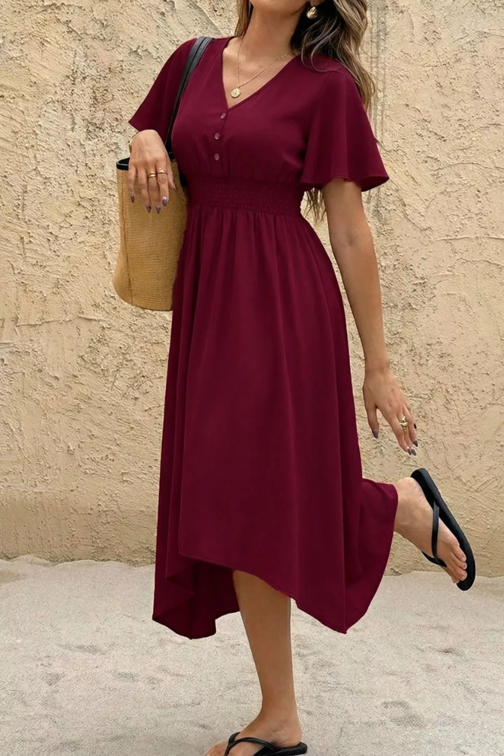 V-Neck Flutter Sleeve Midi Dress, image 3