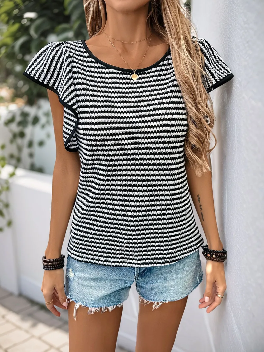 Ruffled Round Neck Short Sleeve Top, image 4