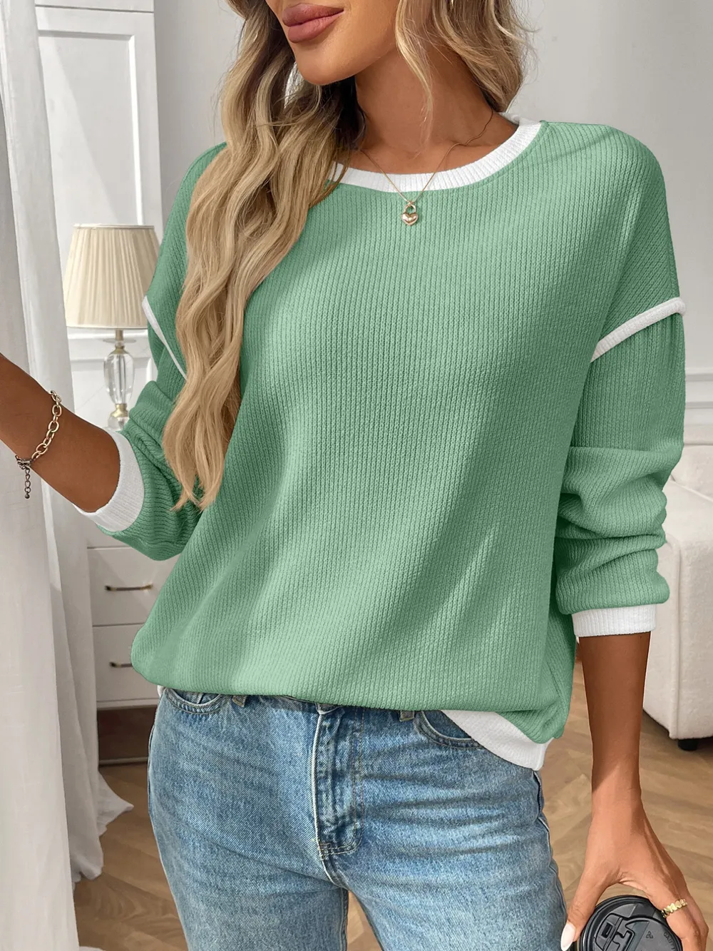 Ribbed Contrast Trim Long Sleeve Top, image 15