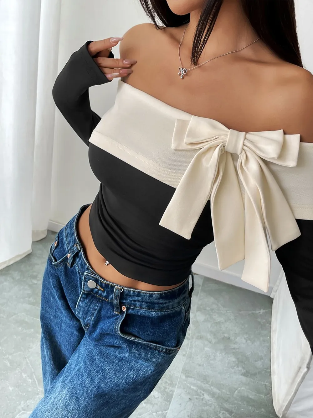 Bow Contrast Off-Shoulder Long Sleeve Top, image 4
