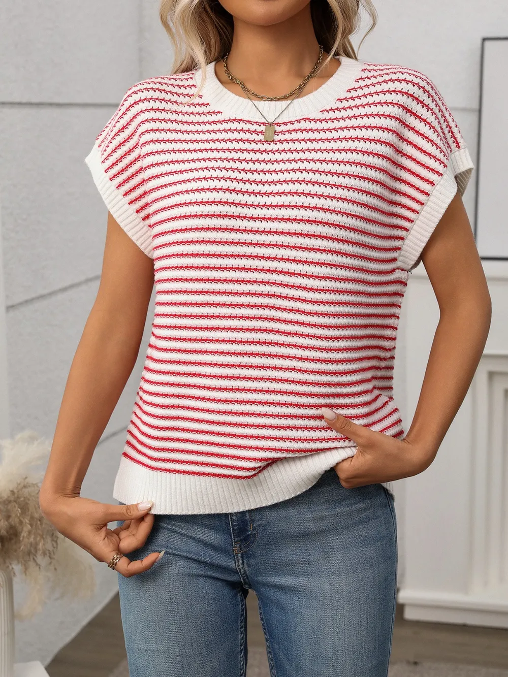 Striped Round Neck Short Sleeve Knit Top, image 8