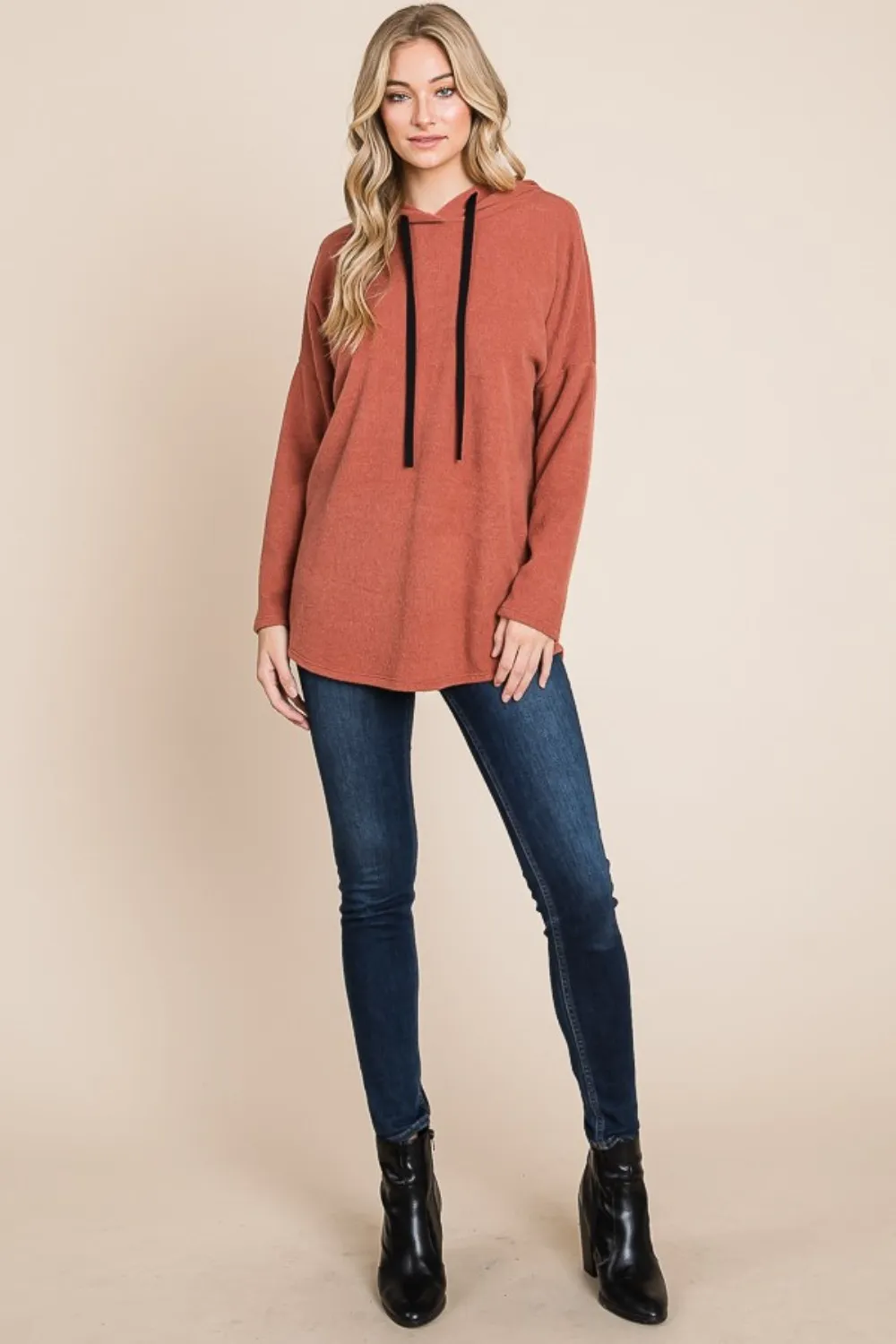 Contrast Drawstring Drop Shoulder Knit Hoodie, image 3