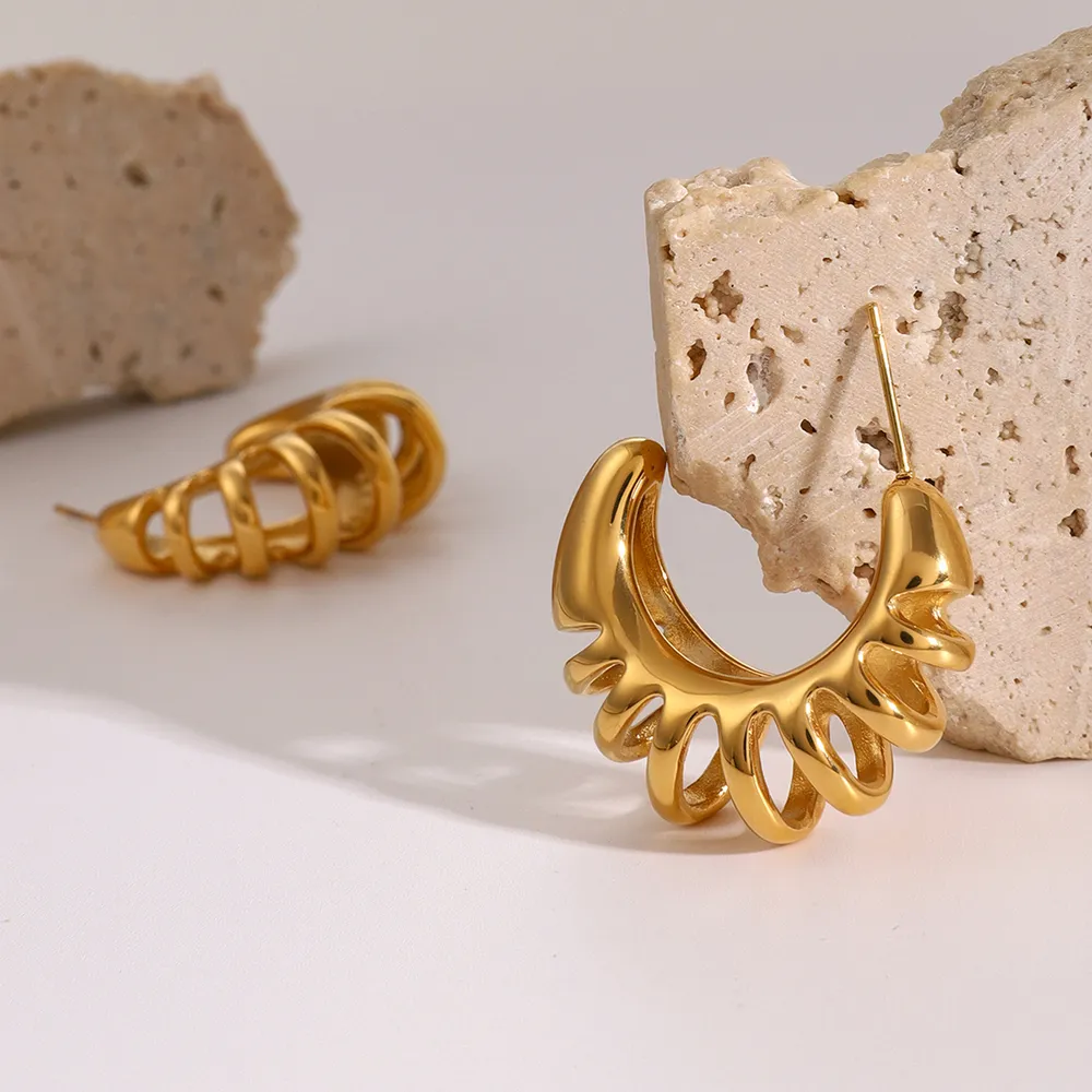 Stainless Steel Cutout C-Hoop Earrings, image 3