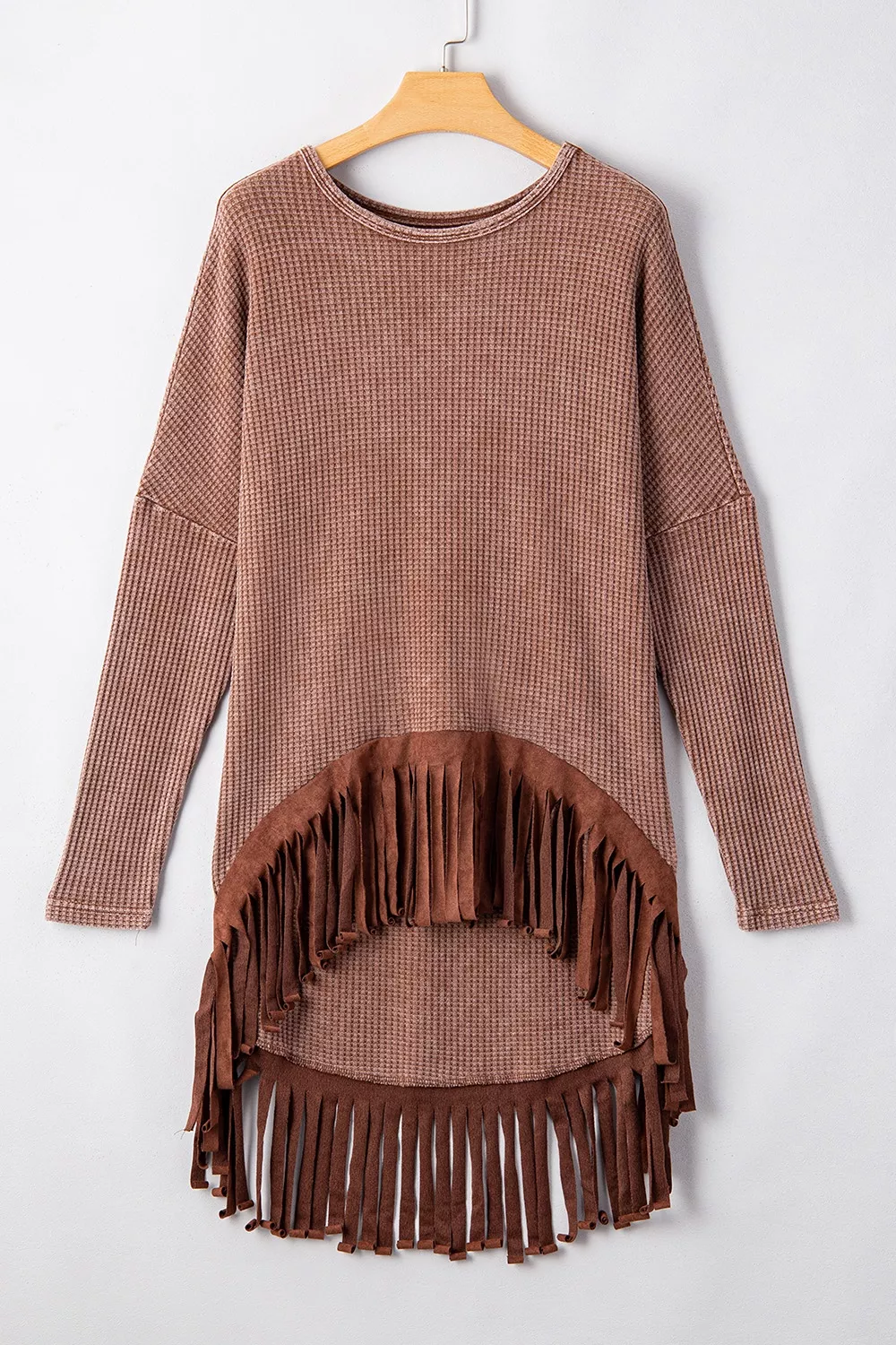 Waffle Knit Fringed High Low Loose Top, image 3