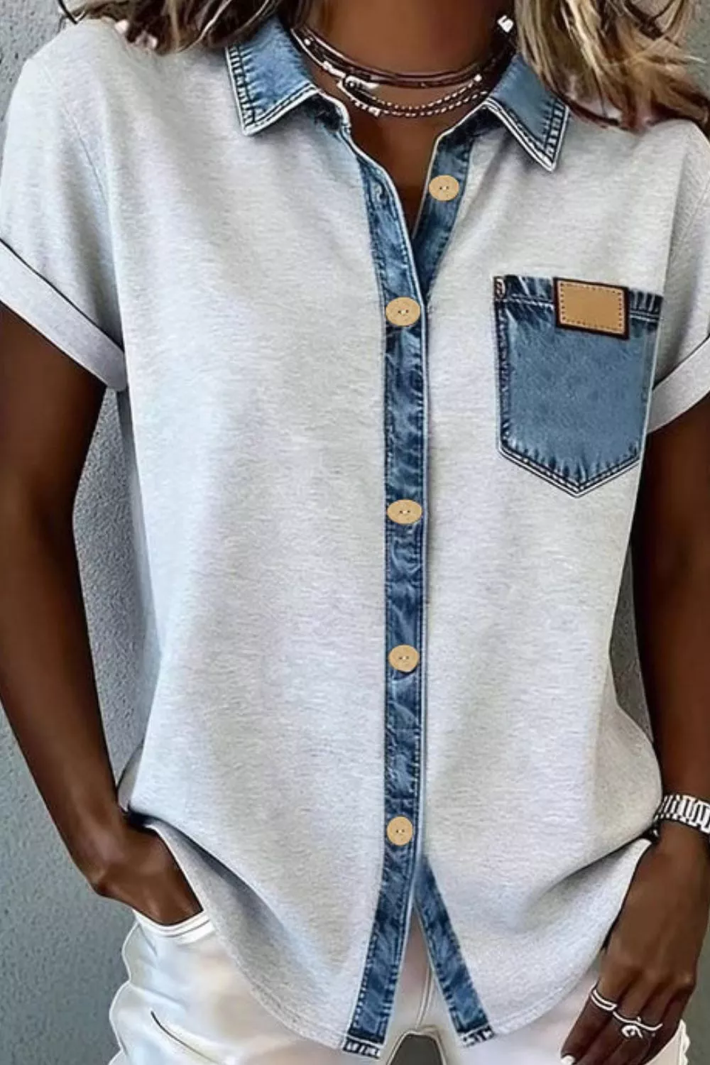 Denim Trim Button-Down Shirt, image 3