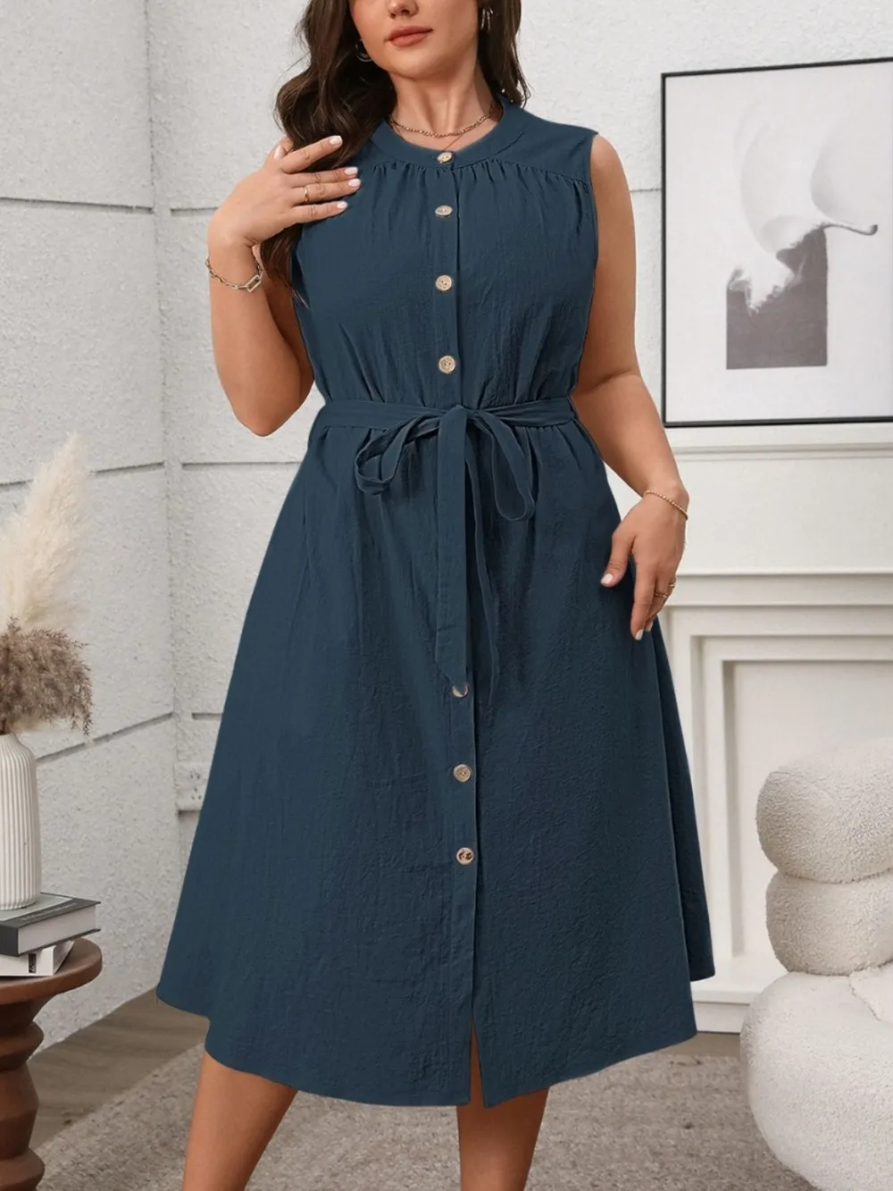 Plus Size Button Front Tie Waist Sleeveless Dress, image 6