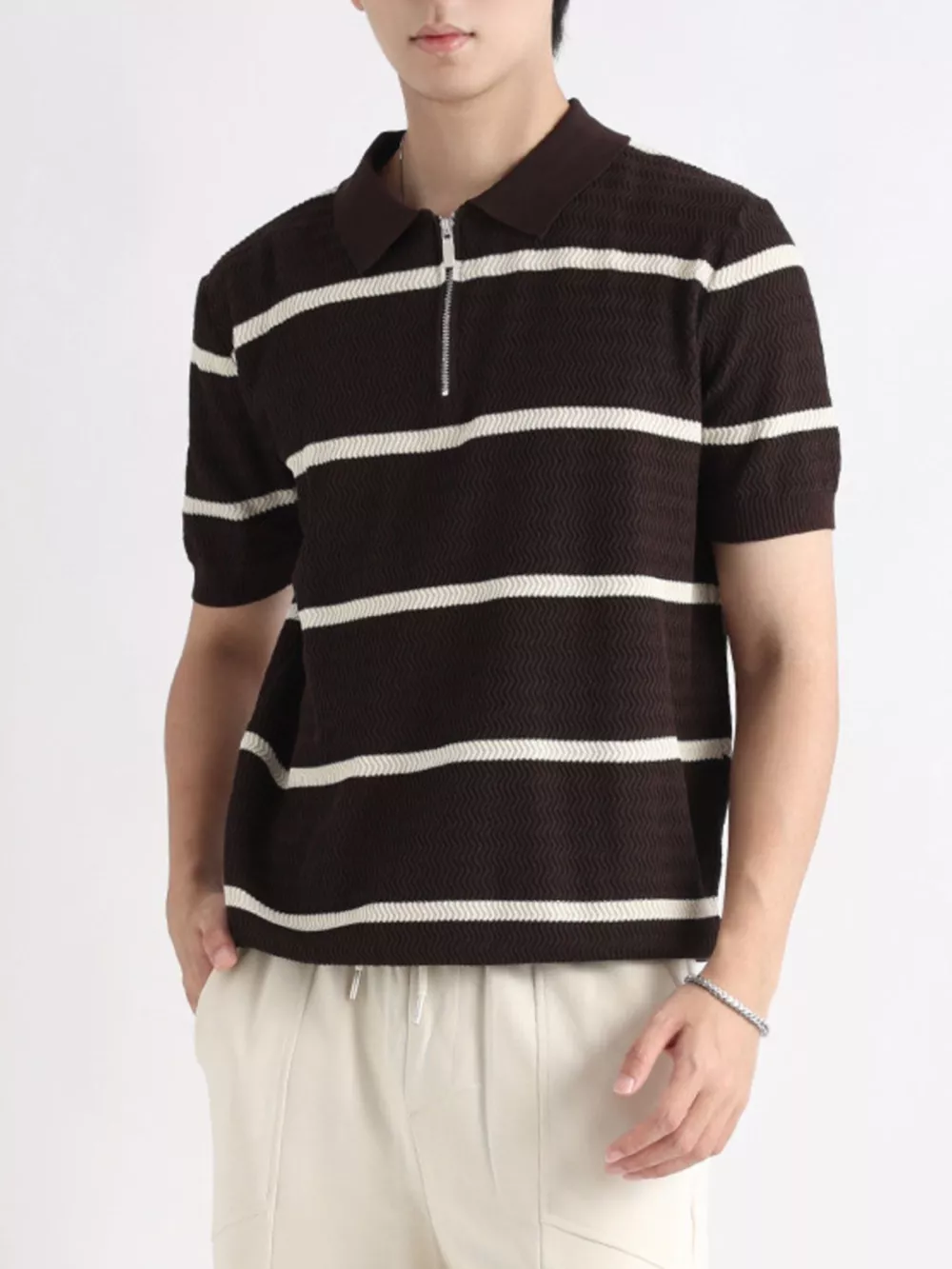Men's Plus Size Striped Zip-Up Knit Polo, image 3