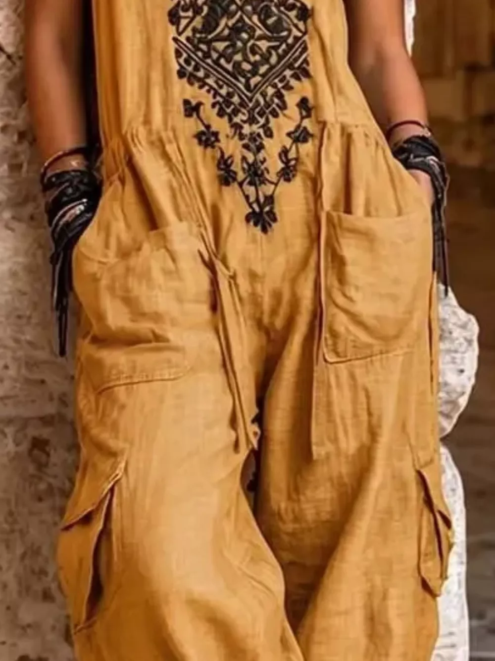 Full Size Embroidered Sleeveless Jumpsuit with Cargo Pockets Plus Size, image 4