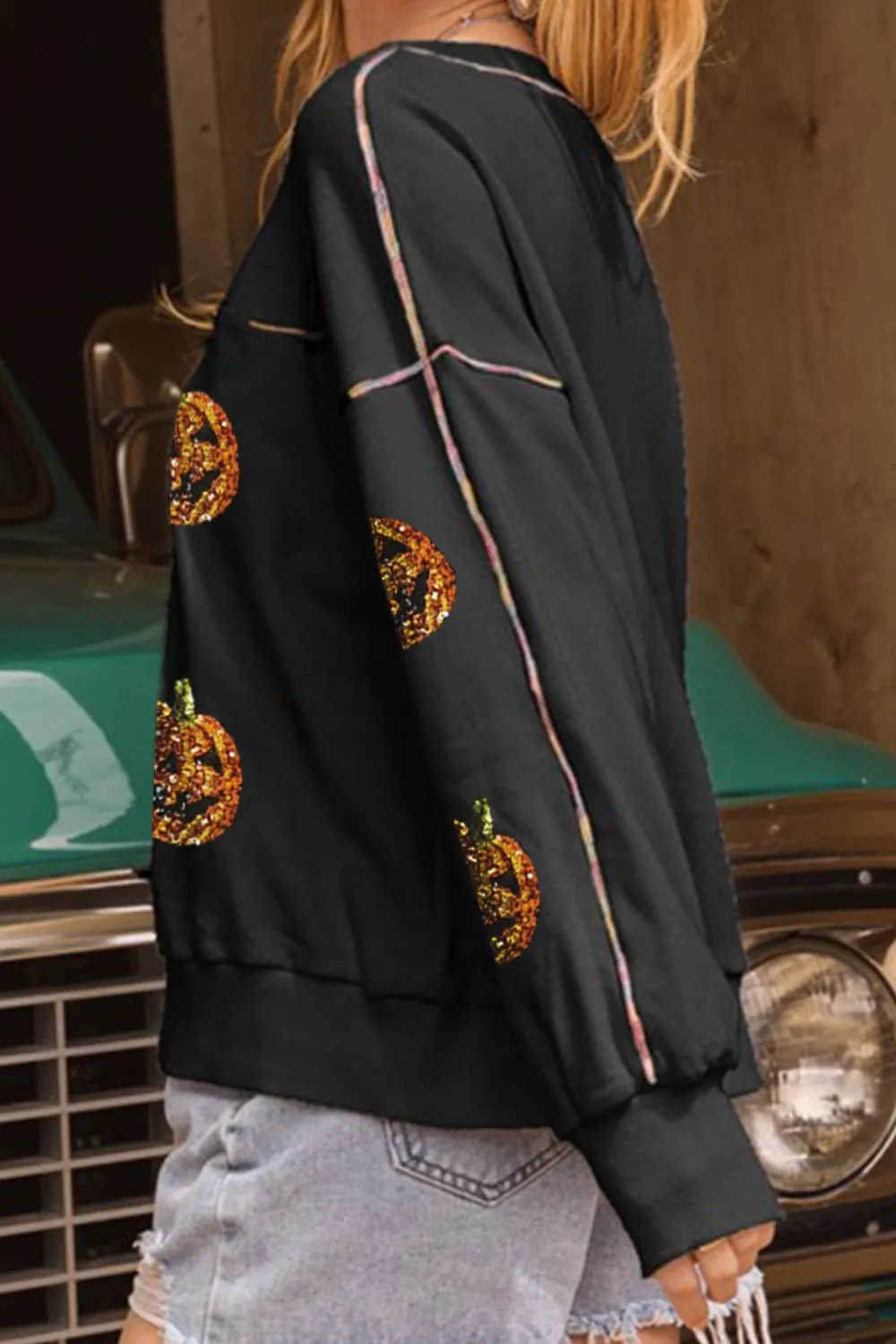 Sequin Pumpkin Round Neck Long Sleeve Sweatshirt, image 3