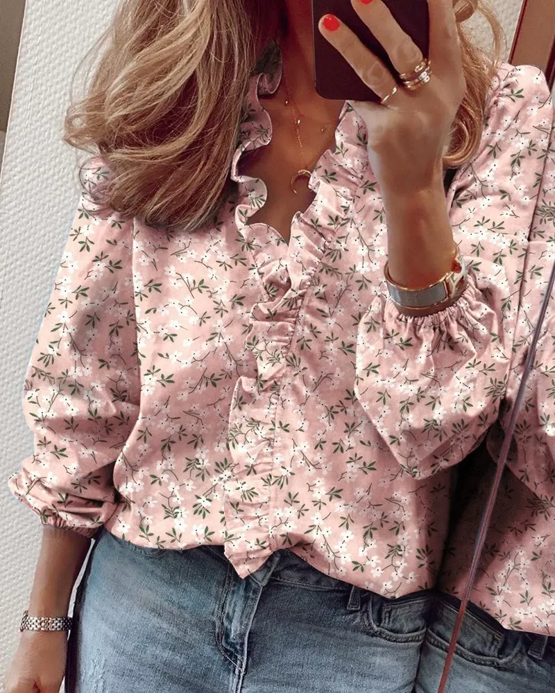 Full Size Printed V-Neck Blouse with Ruffled Plus Size, image 3