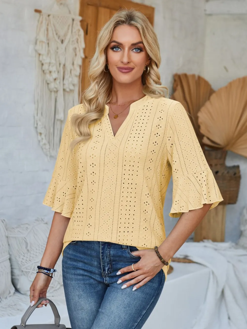 Eyelet Notched Half Sleeve T-Shirt, image 2