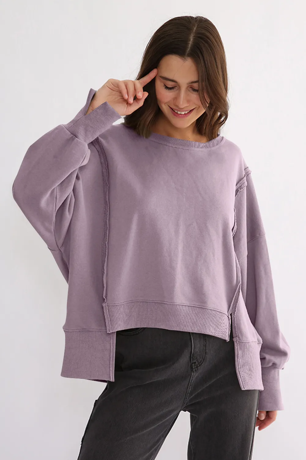 Exposed Seam High-Low Long Sleeve Sweatshirt, image 12