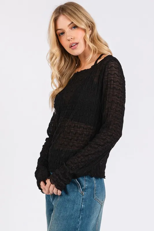 Lettuce Hem Boat Neck Long Sleeve Blouse, image 3
