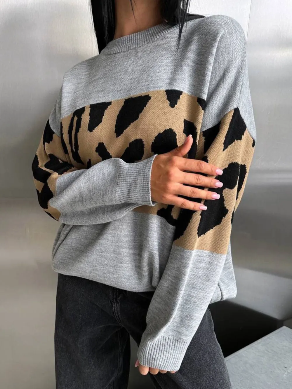 Leopard Color Block Round Neck Sweater, image 17