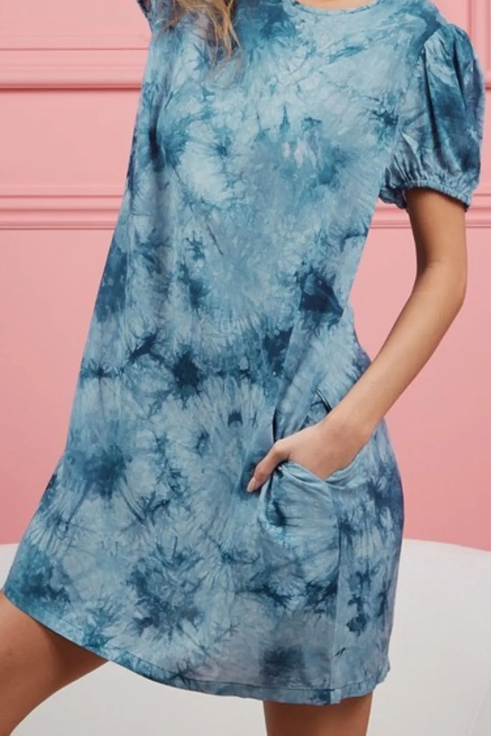 Puff Sleeve With Side Pockets Tie Dye Dress, image 3