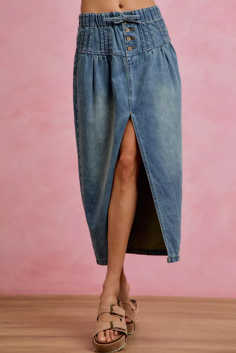 Pleated Washed Denim Skirt With Front Slit
