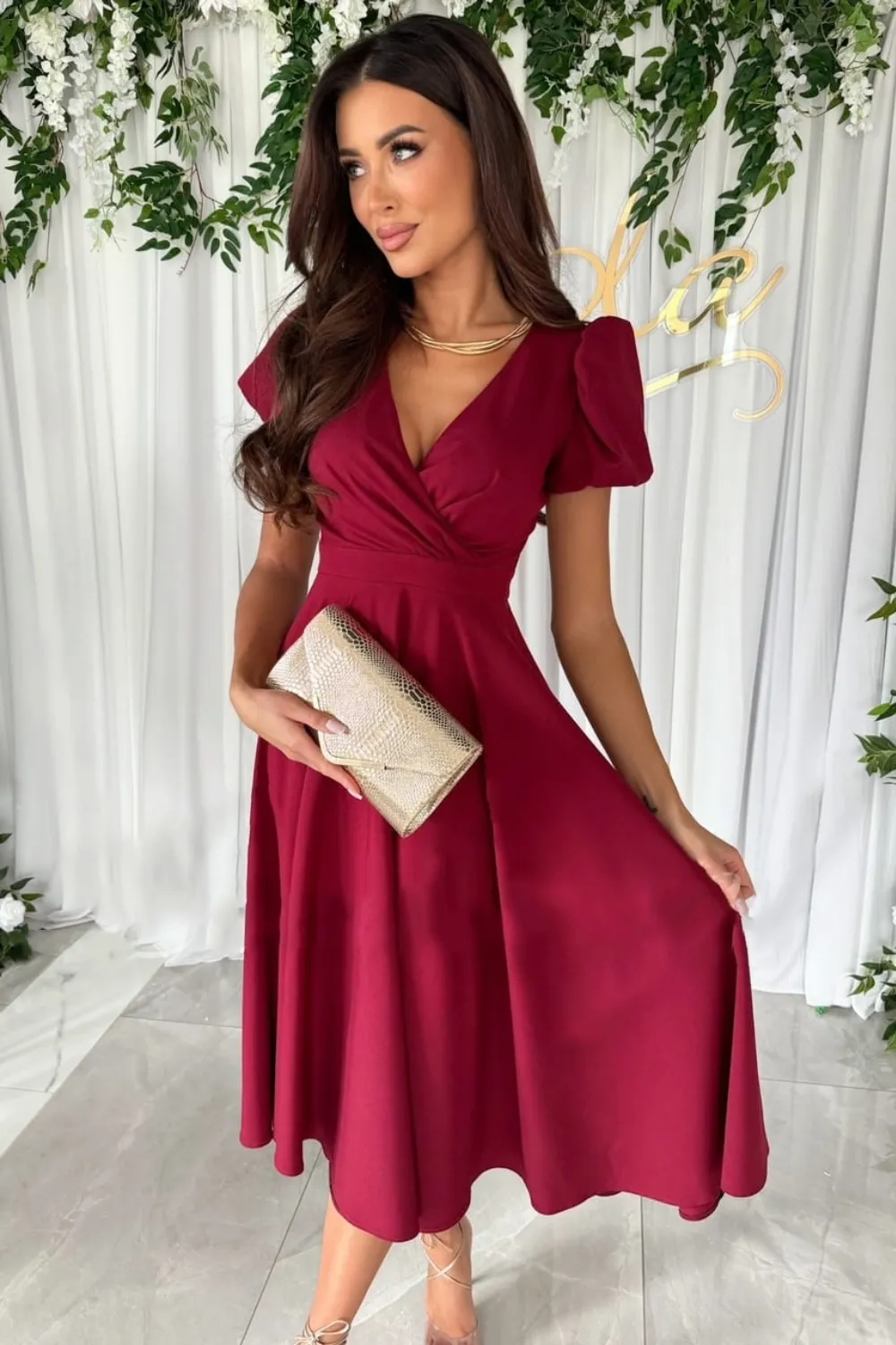 Surplice Puff Sleeve Midi Dress, image 7