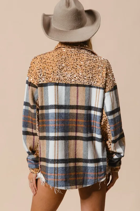 Curved Hem Sequin Plaid Button Up Shacket, image 2