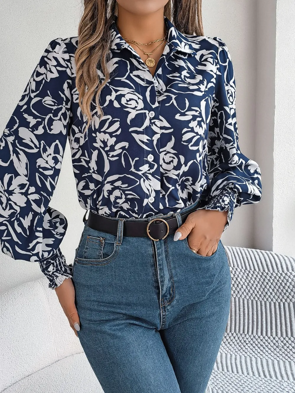 Printed Collared Neck Lantern Sleeve Shirt, image 14