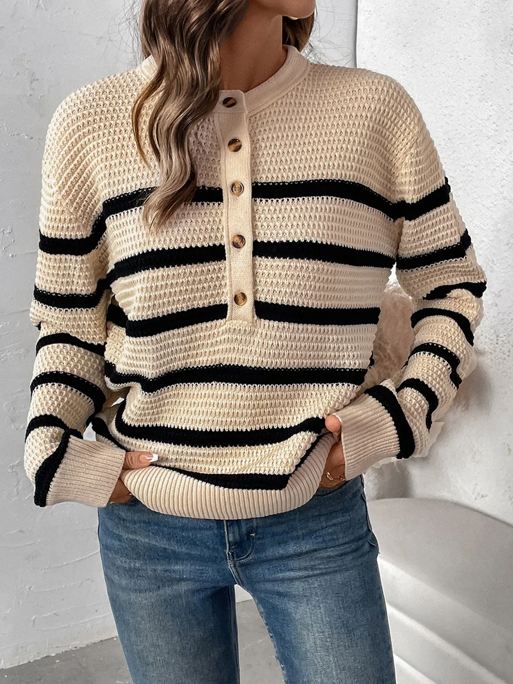 Striped Half Button Long Sleeve Sweater, image 3