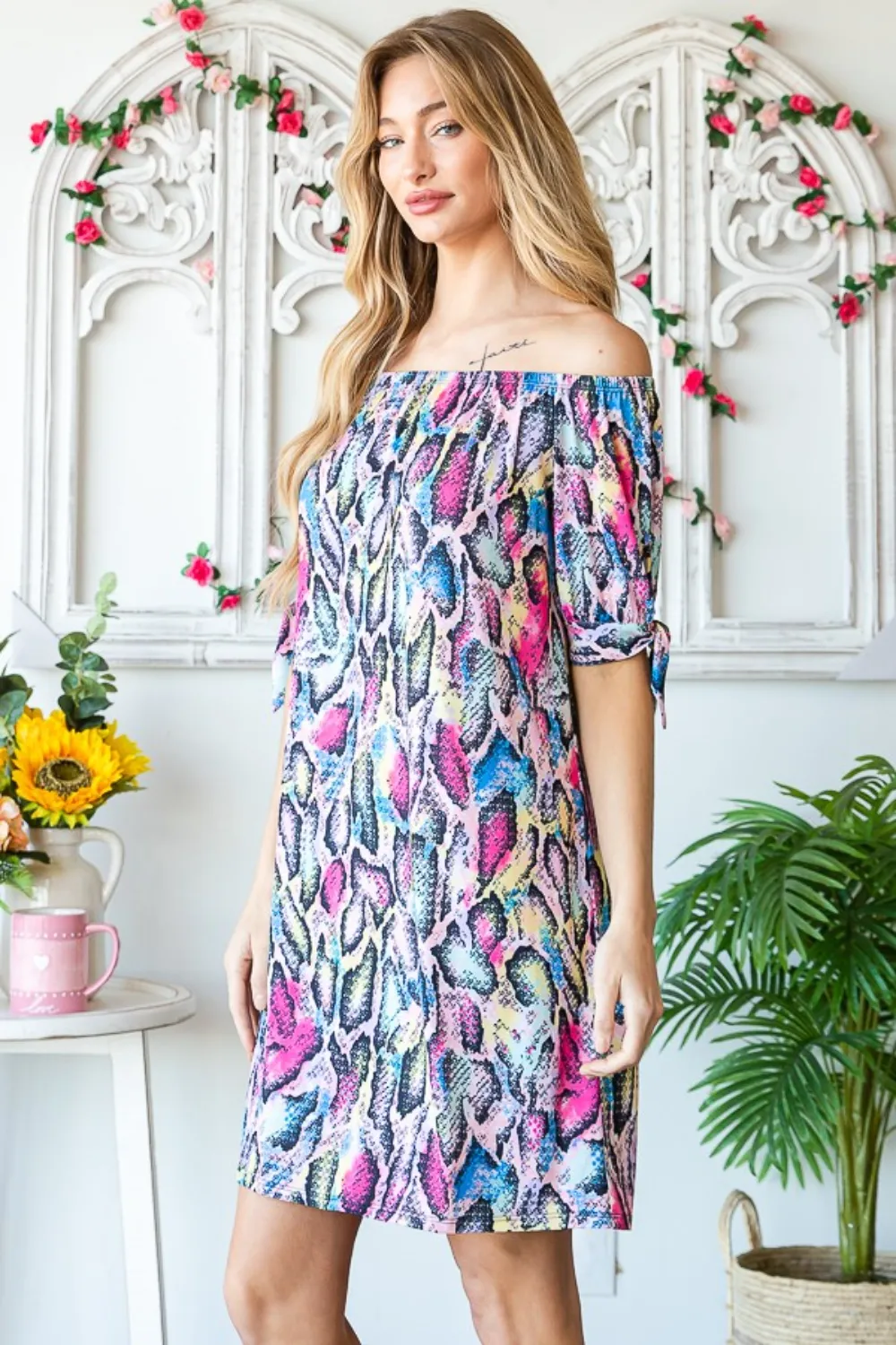 Full Size Off Shoulder Snake Mini Dress, image 3