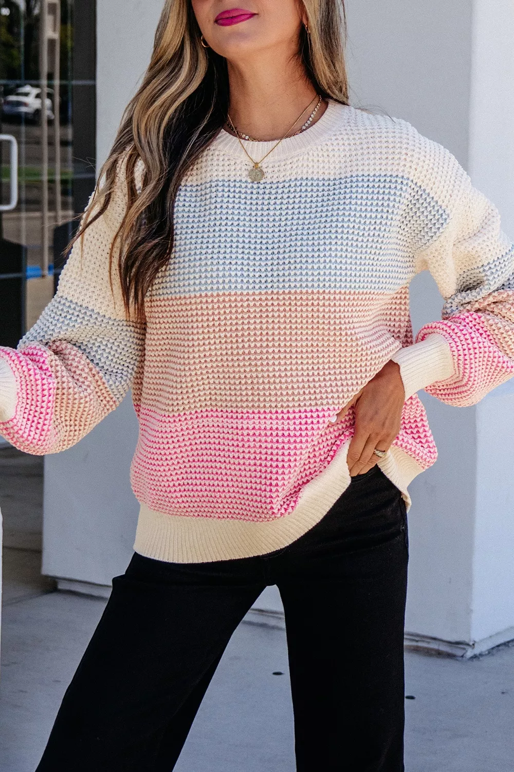 Color Block Waffle Knit Drop Shoulder Round Neck Long Sleeve Sweater, image 3