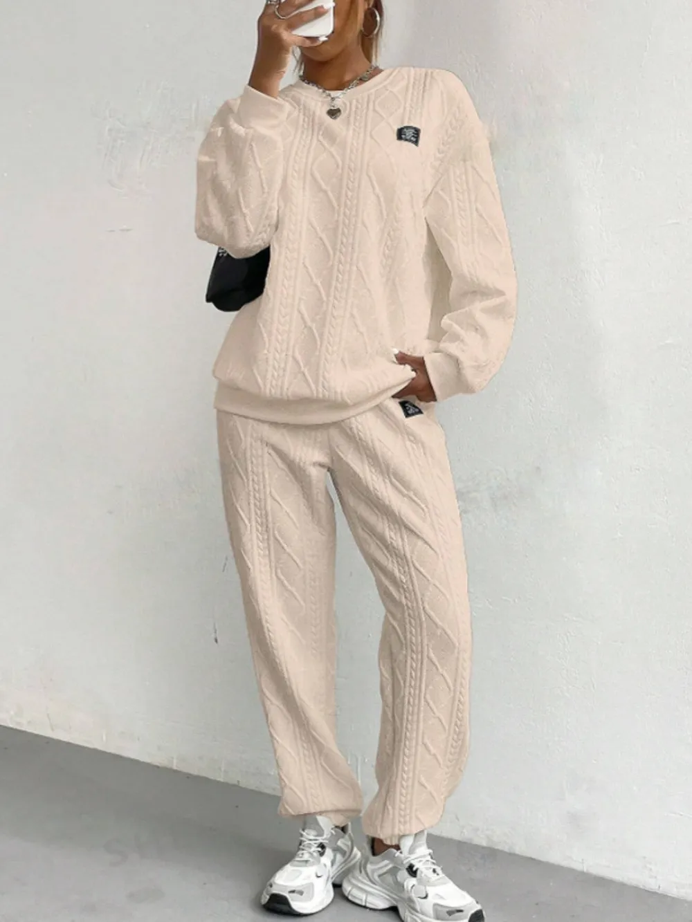 Texture Round Neck Long Sleeve Top and Pants Set, image 7