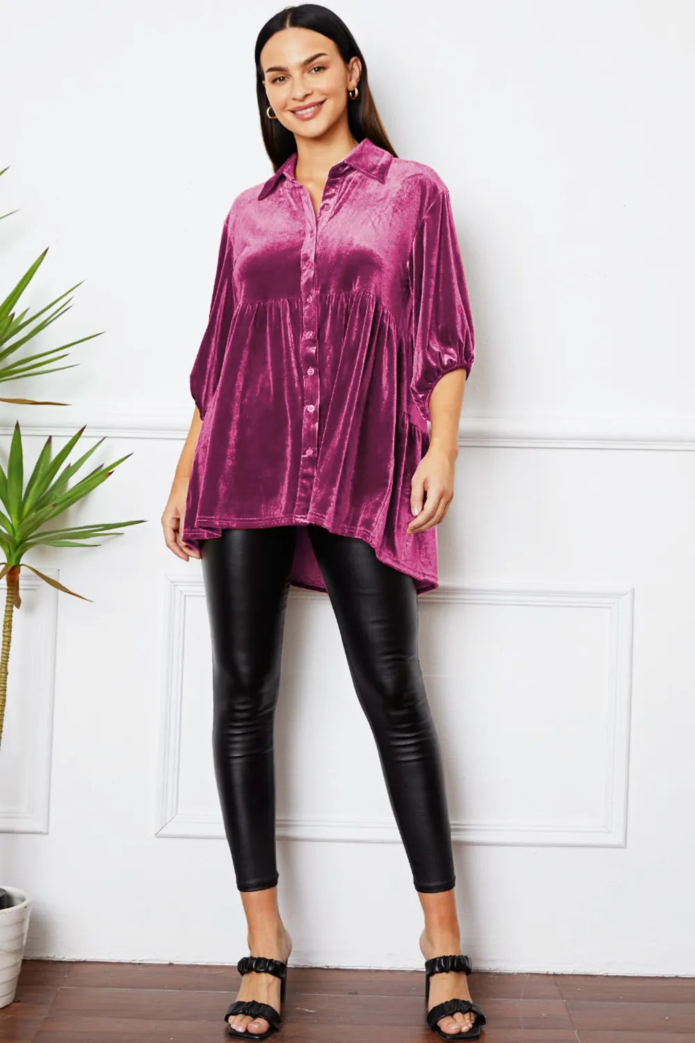 Velvet Tiered Button Up Collared Neck Shirt, image 8