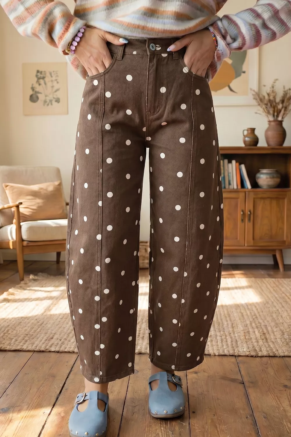 Tailored Seam Polka Dot Print Barrel Casual Jeans, image 2
