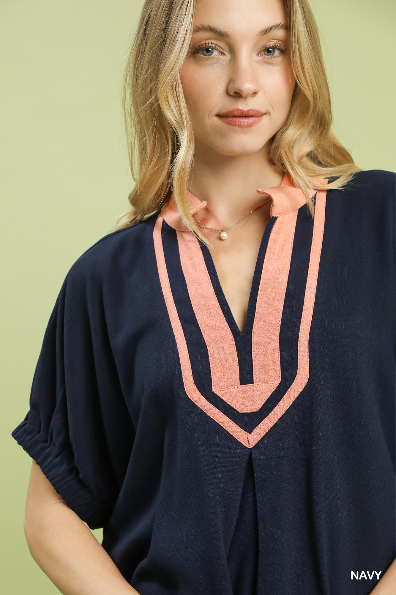 Linen Contrast Trim V-Neck Blouse, image 3