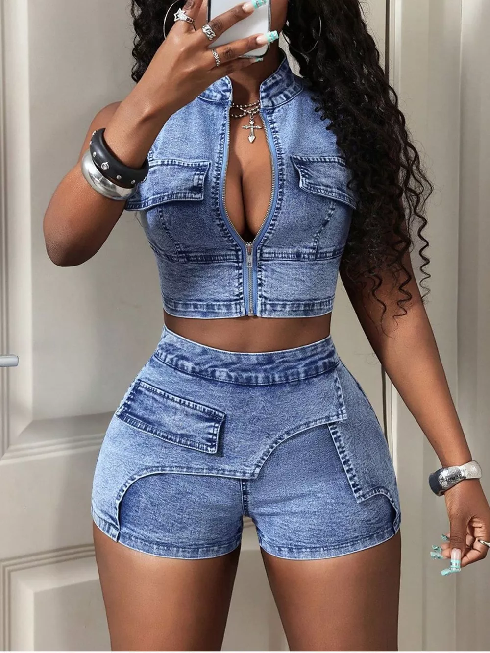 Sleeveless Zip-Up Denim Crop Top and Asymmetric Pocket Shorts Set, image 3